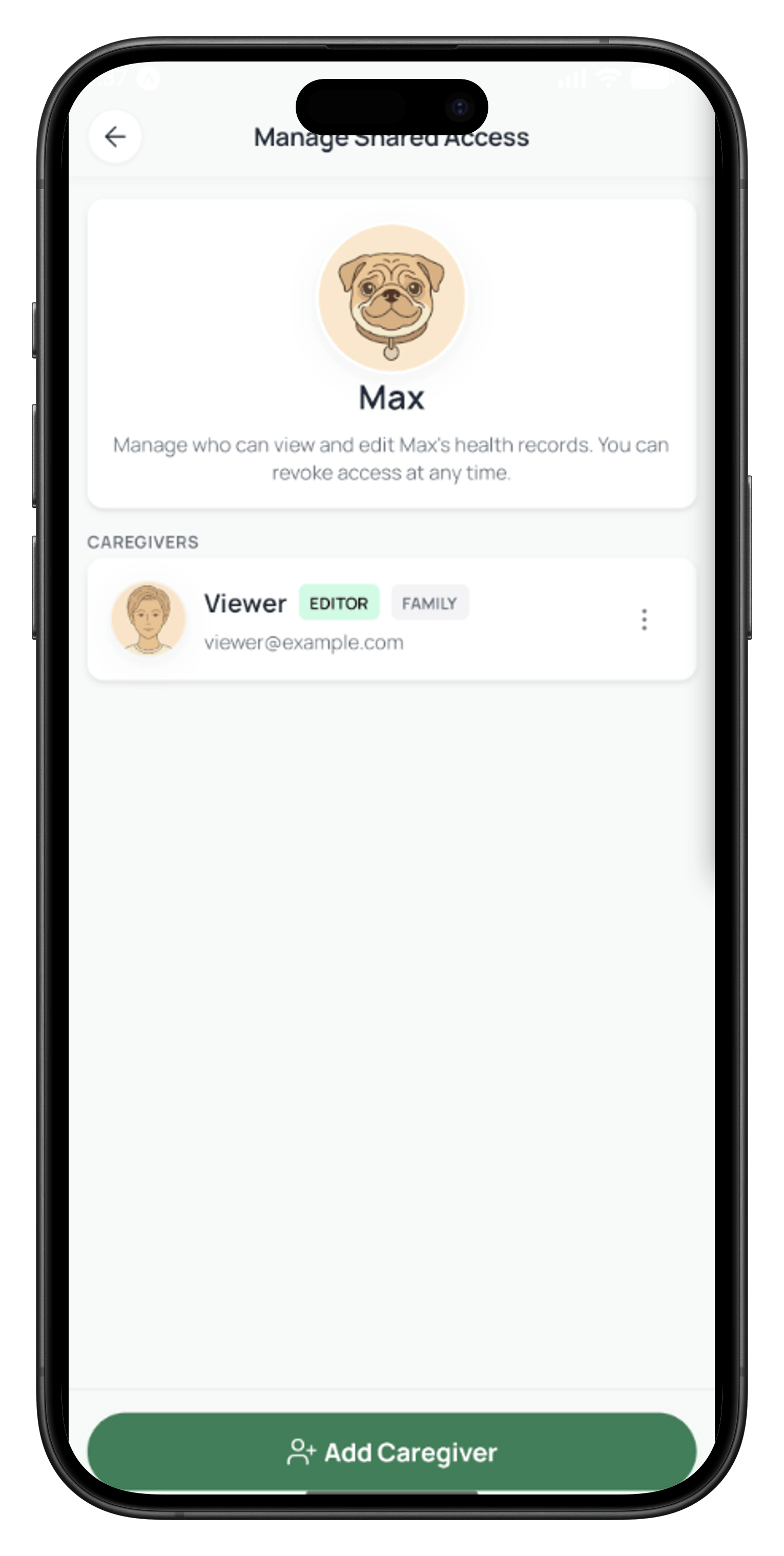 Pawganize sharing screen showing caretaker list and generate PDF button